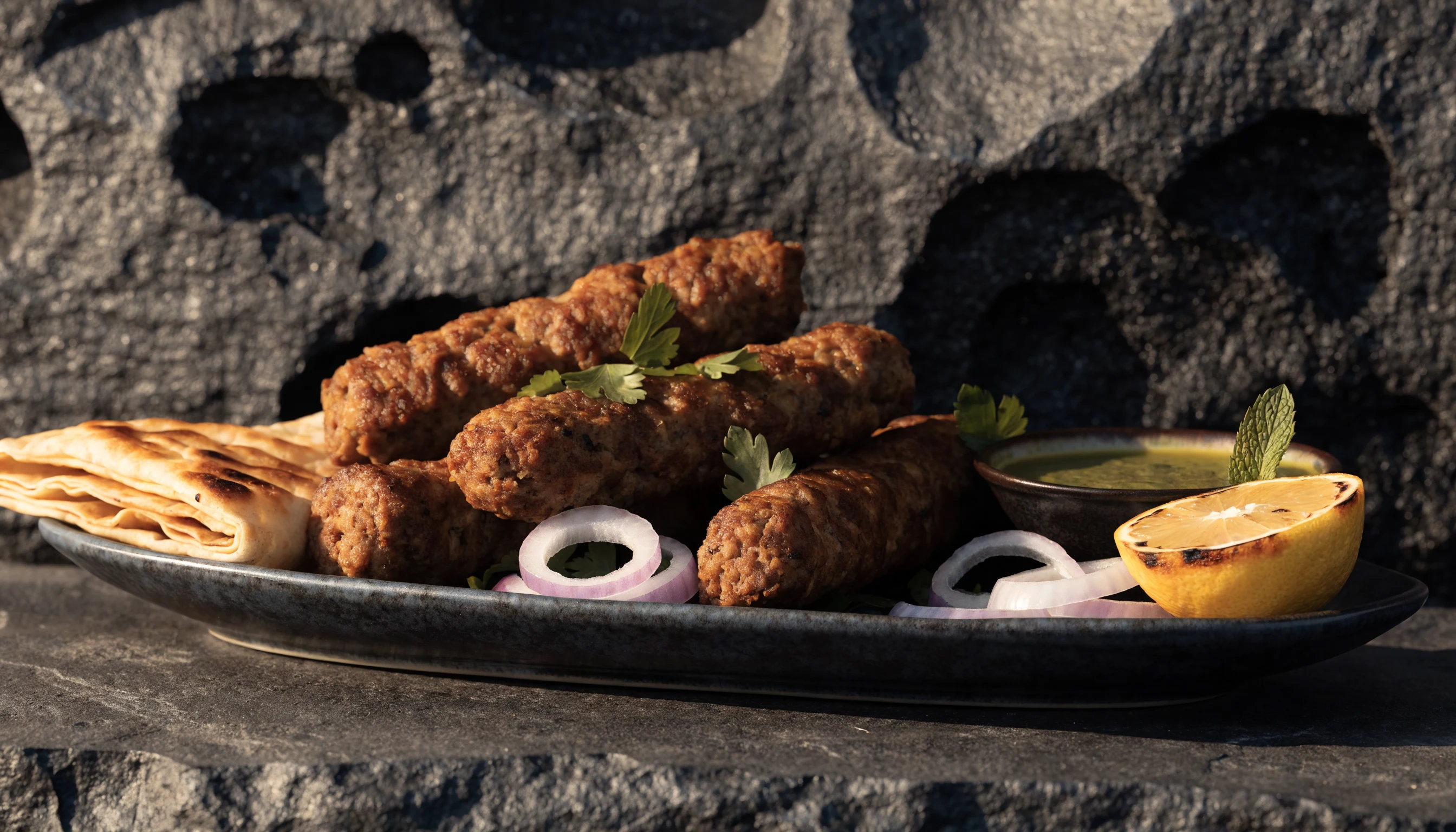 Kebabs, flatbread and fresh accompaniments