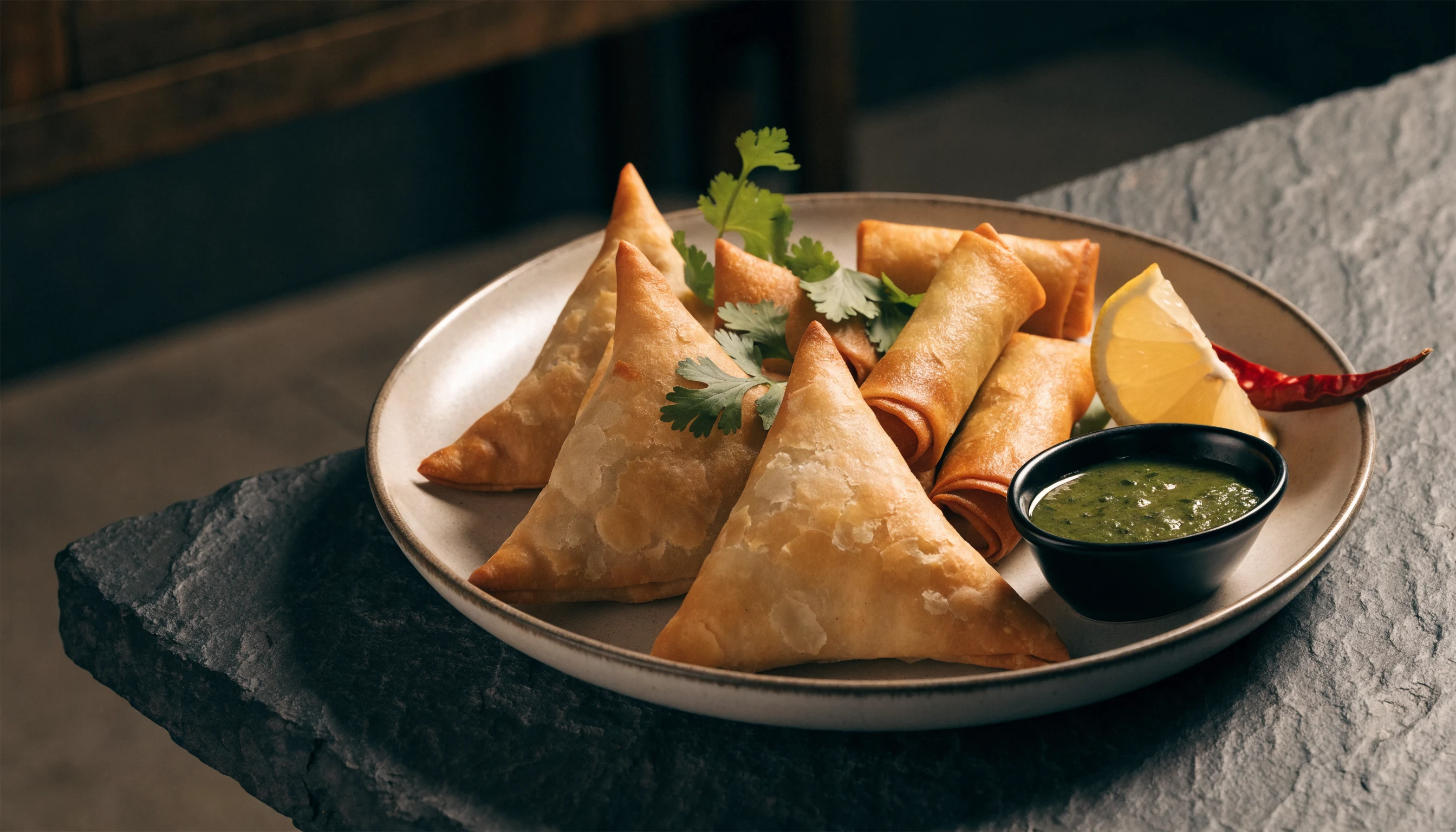 Crispy samosas and rolls served with fresh herbs and chutney